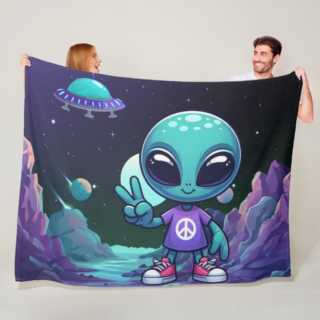 Couverture Polaire Alien de paix mignon et vaisseau spatial (En situation)