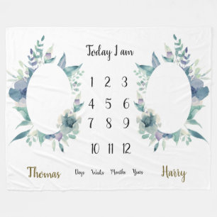 Couverture Polaire Aménagement floral bleu feuilles Twins Milestone 