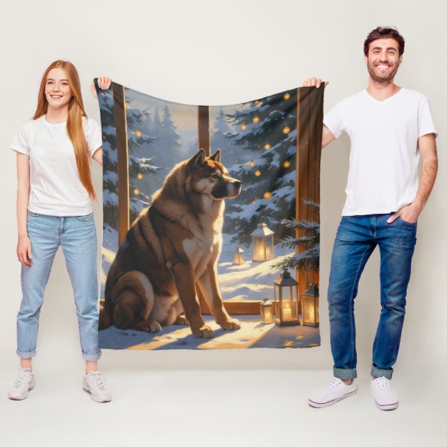 Couverture Polaire American Akita With Christmas Lights Holiday (En situation)
