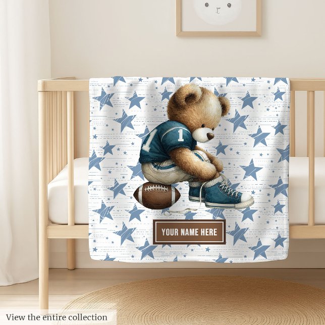 Couverture Polaire American Football Teddy Blanche pour le Baby showe (Cute teddy bear football blanket, personalized for a memorable boy birthday gift.)
