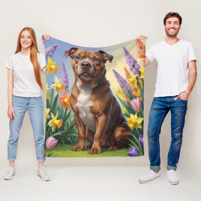 Couverture Polaire American Staffordshire Fleurs de printemps de chie (En situation)