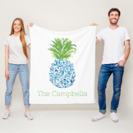 Couverture Polaire Ananas Chinoiserie Bleu Blanc Préppy Nom