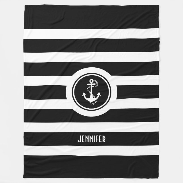Couverture Polaire Ancre nautique à bandes noires et blanches (Devant)