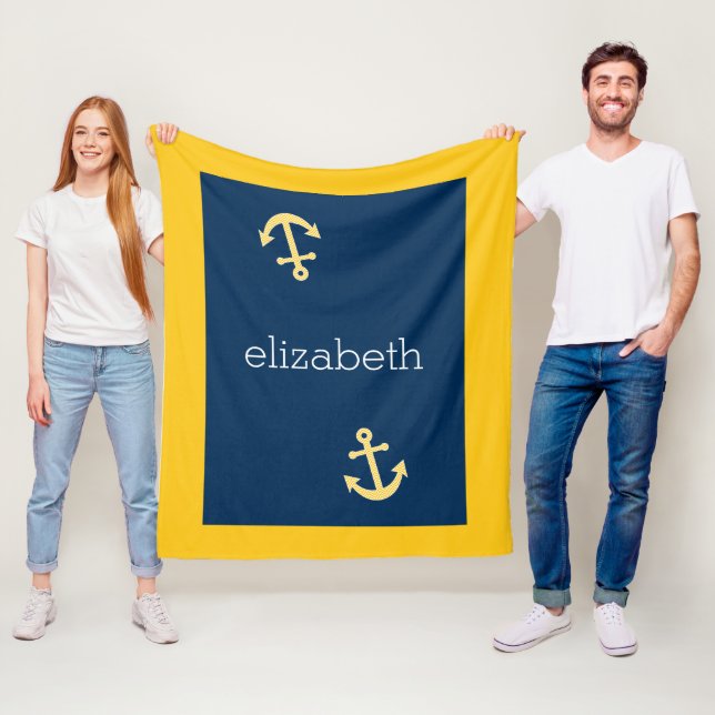 Couverture Polaire Ancre nautique avec Motif de Navy Jaune Chevron (En situation)