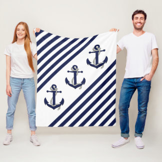 Couverture Polaire Ancre nautique/Bandes bleu/blanc marine