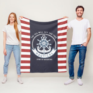 Couverture Polaire Ancre nautique,Roue, Bleu marine,Rayes rouges