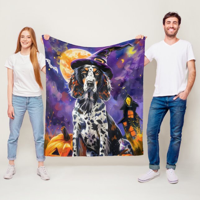 Couverture Polaire Anglais Setter Chien Halloween Sorcière Et Citroui (En situation)