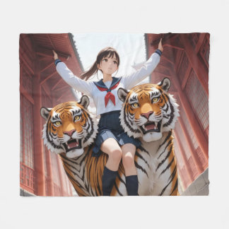 Couverture Polaire Anime Schoolgirl Riding Two-Headed Bengal Tiger
