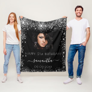 Couverture Polaire Anniversaire noir photo personnalisée argent nom d