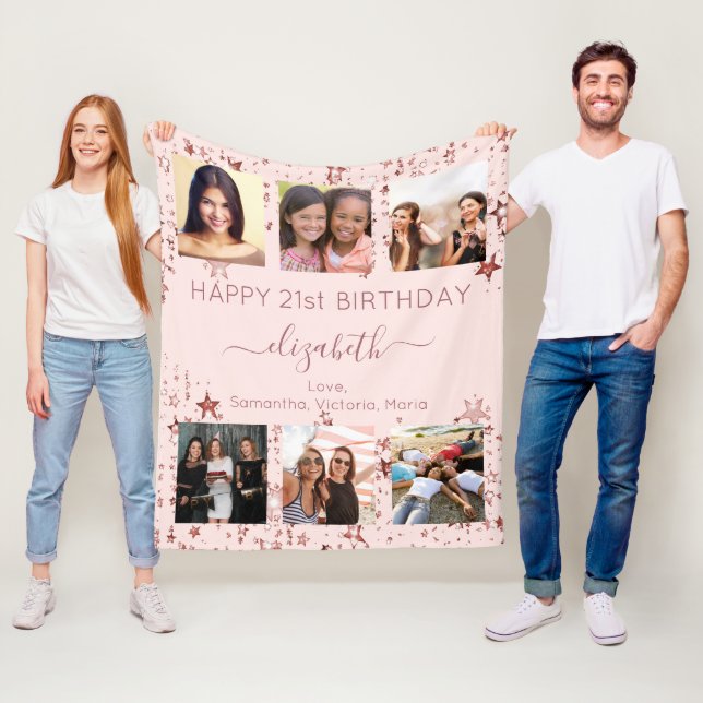 Couverture Polaire Anniversaire photo collage rose or meilleurs amis (En situation)