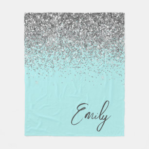 Couverture Polaire Aqua Bleu Sarcelle Argent Paillettes Monogramme