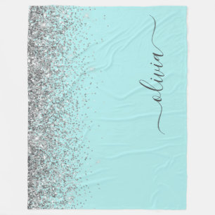 Couverture Polaire Aqua Bleu Turquoise Argent Paillettes Monogramme
