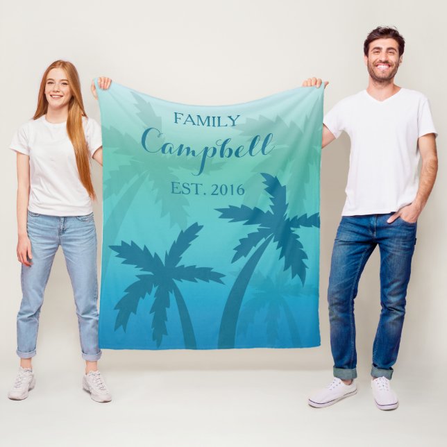 Couverture Polaire Aqua Blue Palm Tree Tropical Custom Family (En situation)