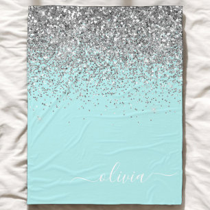 Couverture Polaire Aqua Blue Turquoise Argent Paillettes Monogramme