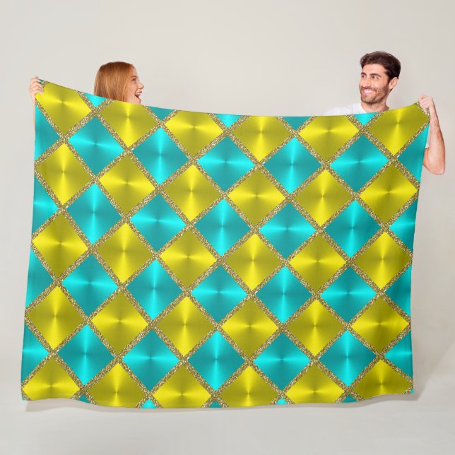 Couverture Polaire Aqua et Jaune Carrés d'apparence métallique avec o (En situation)