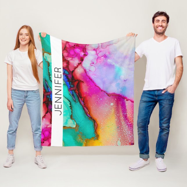 Couverture Polaire Aquarelle Abstraite en marbre rose et vert (En situation)