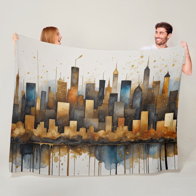 Couverture Polaire Aquarelle Abstraite Peinture Bleu Cityscape (En situation)