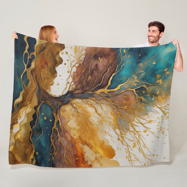 Couverture Polaire Aquarelle Abstraite peinture de paysage or (En situation)