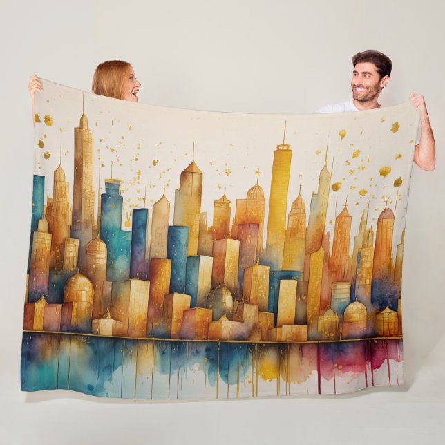 Couverture Polaire Aquarelle Abstraite Peinture Gold Cityscape (En situation)
