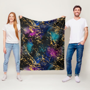 Couverture Polaire Aquarelle Arc-en-ciel & Noir & Galaxie Marbre Doré