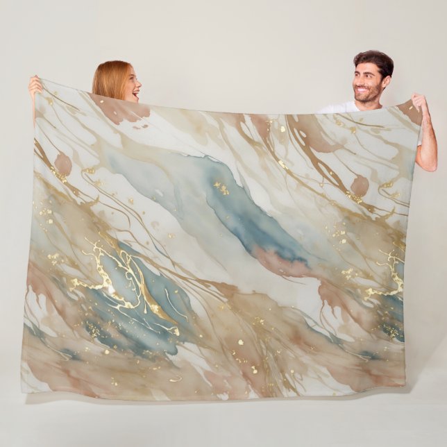 Couverture Polaire Aquarelle beige et bleu Marbre Abstrait (En situation)
