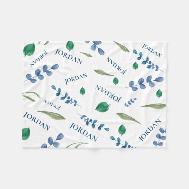 Couverture Polaire Aquarelle blanche verte Botanique feuille nom de b (Devant (Horizontal))