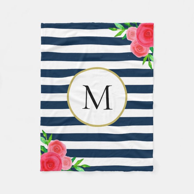 Couverture Polaire Aquarelle bleu marine blanche rayée Monogramme flo (Devant)