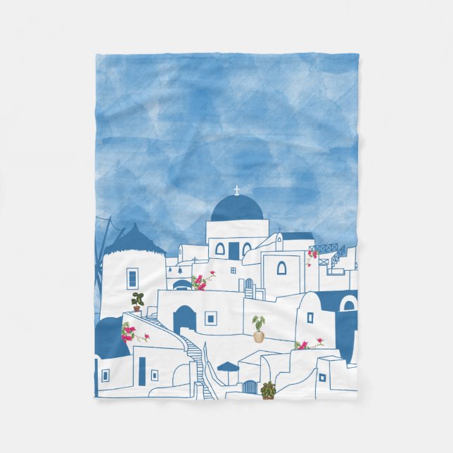 Couverture Polaire Aquarelle bleue et blanche Santorin Grèce (Devant)