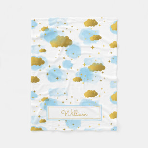 Couverture Polaire Aquarelle bleue Nuages Gold Stars Sky