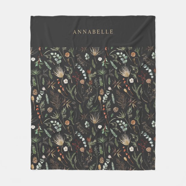 Couverture Polaire Aquarelle botanique floral moody noir moderne (Devant)