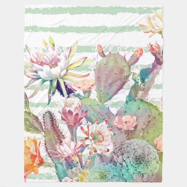 Couverture Polaire Aquarelle Cactus Floral Stripes Design (Devant)