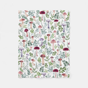 Couverture Polaire Aquarelle Champignons et feuilles de verdure motif