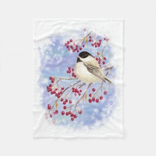 Couverture Polaire Aquarelle Chickadee & Berries Scène hivernale Fros (Devant)