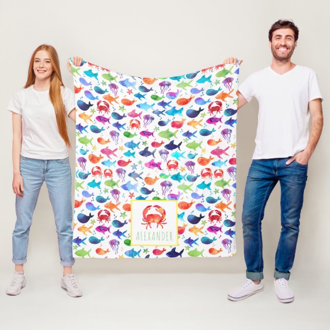 Couverture Polaire Aquarelle d'arc-en-ciel sous le crabe de mer (En situation)