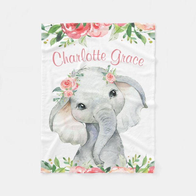 Couverture Polaire Aquarelle de fille Eléphant Floral Personnalisé (Devant)