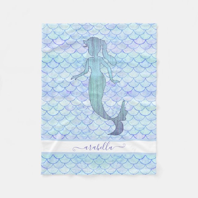 Couverture Polaire Aquarelle de sirène Bleu Échelle de poisson Nom du (Devant)