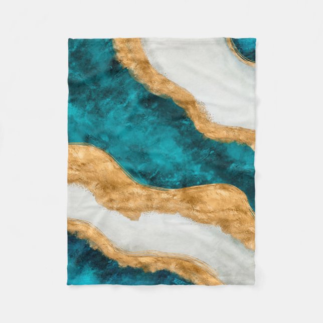 Couverture Polaire Aquarelle et or Turquoise Vague Abstraite (Devant)