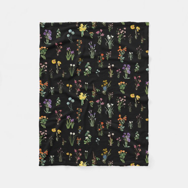 Couverture Polaire Aquarelle fleur sauvage Floral botanique noir (Devant)