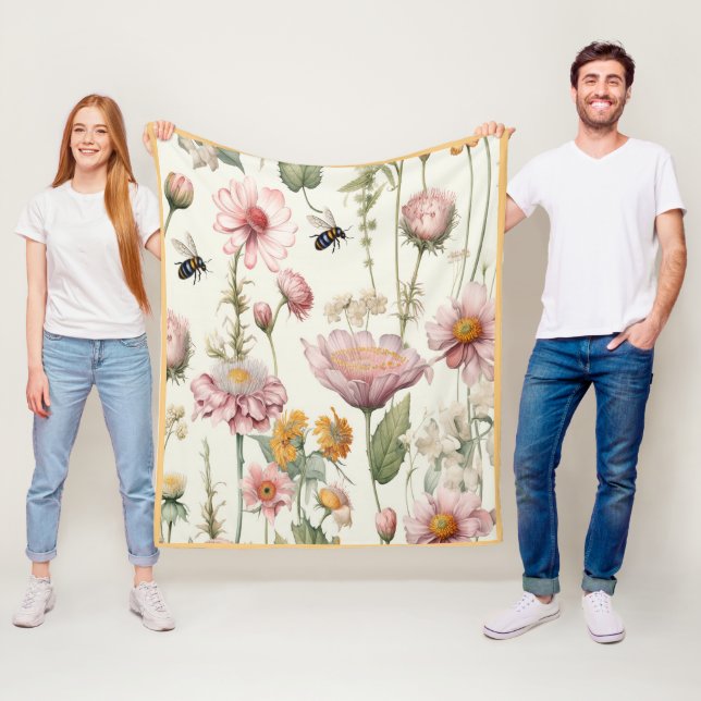 Couverture Polaire Aquarelle Fleurs printanières Abeilles rose jaune (En situation)
