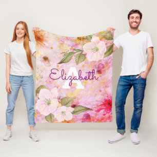 Couverture Polaire Aquarelle florale rose nom monographique vintage