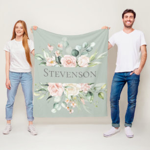 Couverture Polaire Aquarelle florale verte personnalisée rose 