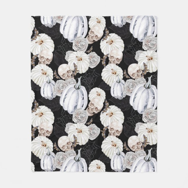 Couverture Polaire Aquarelle Halloween Crânes Citrouille Noir Blanc (Devant)