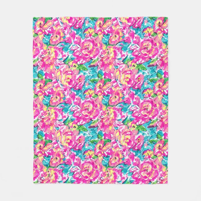 Couverture Polaire Aquarelle inspirée bleu rose Floral (Devant)