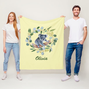 Couverture Polaire Aquarelle Koala et couronne d'Eucalyptus