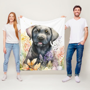 Couverture Polaire Aquarelle Labrador Retriever noir et fleurs