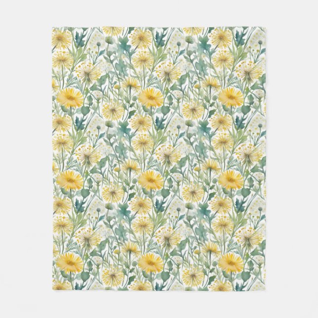 Couverture Polaire Aquarelle moderne Jaune Dandelions Motif Floral (Devant)