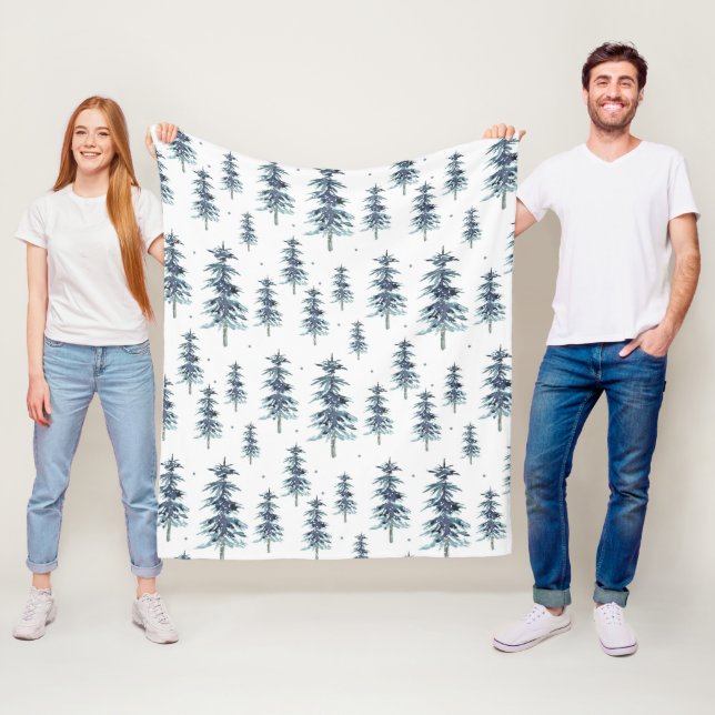 Couverture Polaire Aquarelle Motif d'arbre de pin d'hiver (En situation)