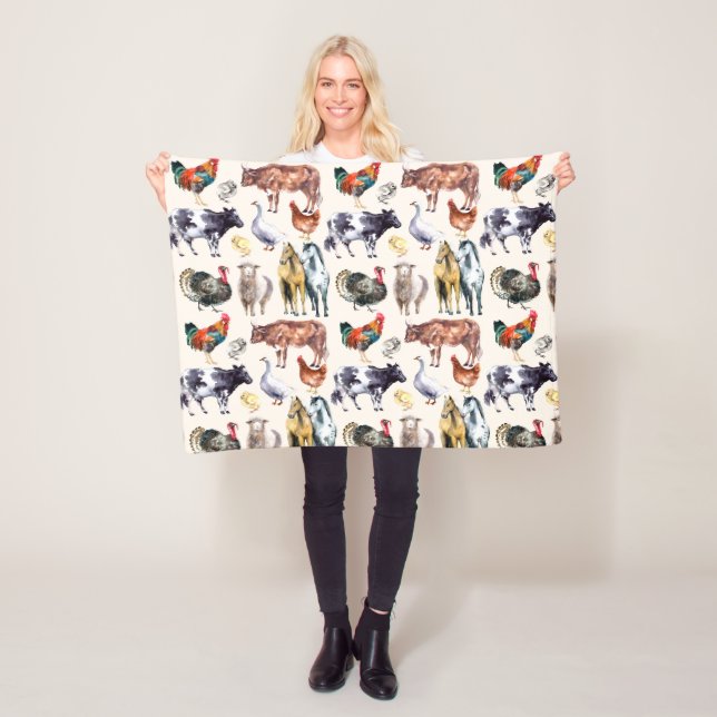 Couverture Polaire Aquarelle motif des animaux de ferme (En situation)