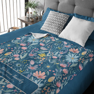 Couverture Polaire Aquarelle motif floral nom de famille personnalisé