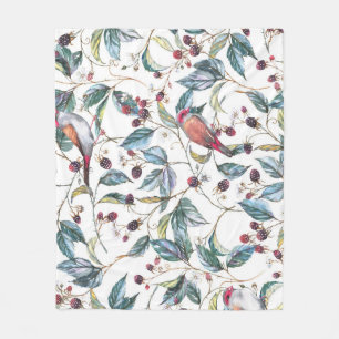 Couverture Polaire Aquarelle naturelle motif : mûres, oiseaux, f